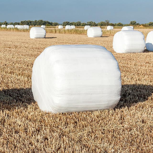 hay bales covered in white plastic wrap sitting in a field