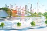 Futuristic buildings with windmills and trees