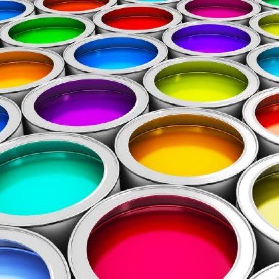 array of paint cans full of various colors of paint