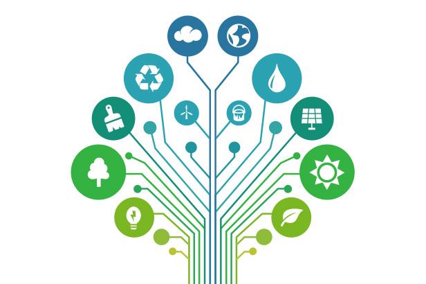 Sustainability icons merging along lines to form a tree